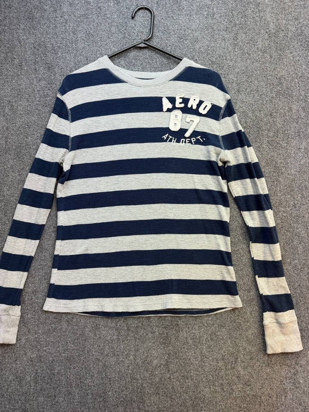 Y2K Aeropostale Mens M Navy Gray Striped Waffle Knit Thermal Shirt AERO 87